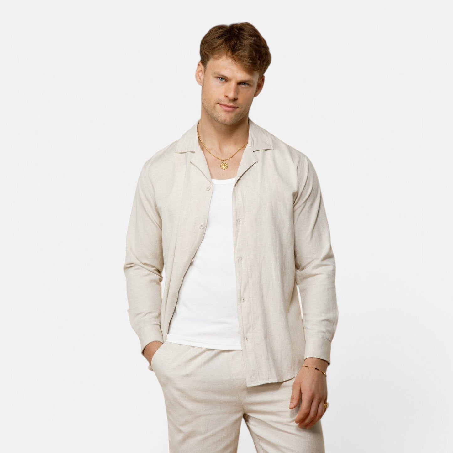 The Rowley Club | Men's Long Sleeve Linen Shirt in Oat Color