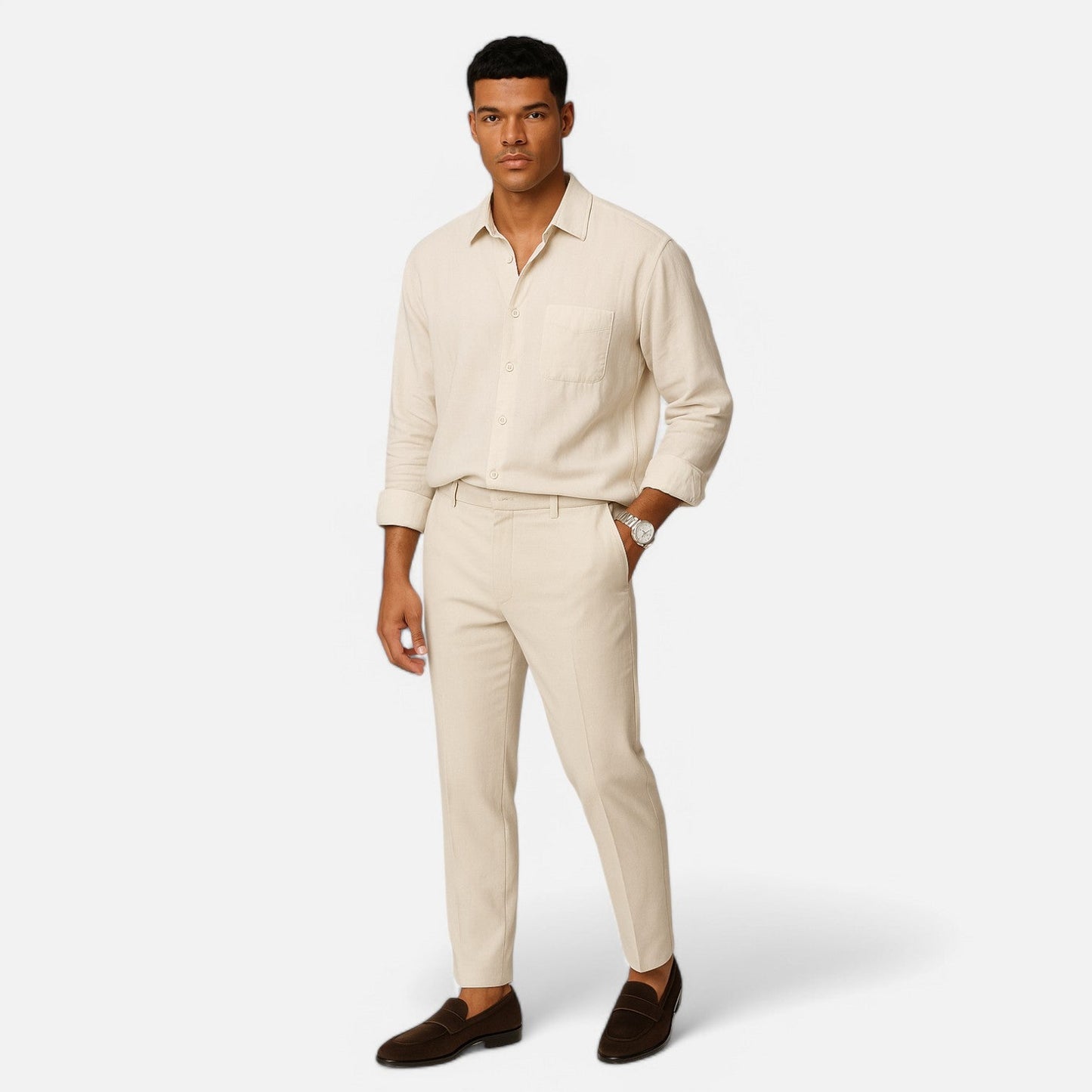 The Rowley Club | Men's Long Sleeve Linen Shirt in Oat Color